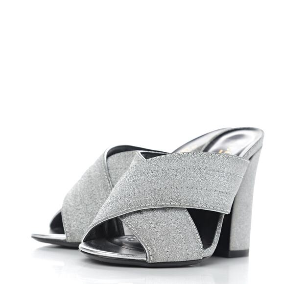 GUCCI Glitter Fabric Webby Crossover High Heel Slide Sandals in Argento 38.5 - Picture 1 of 14